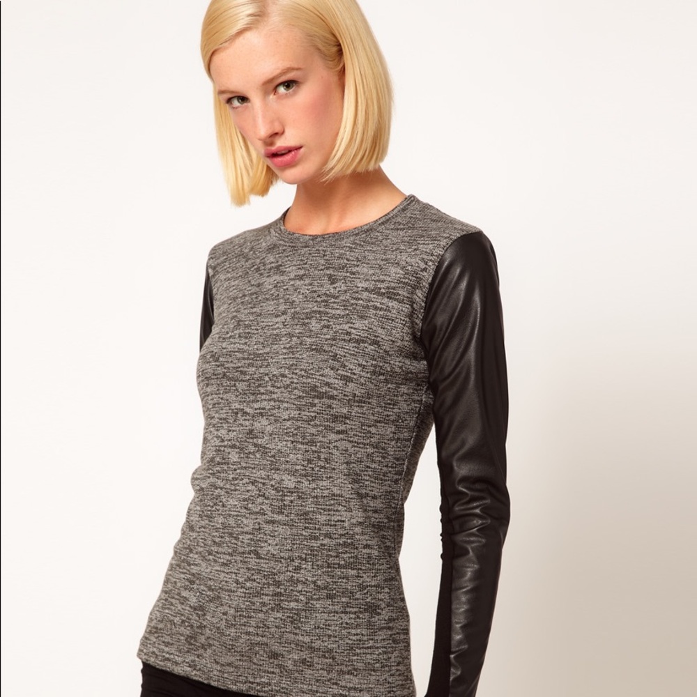 ASOS Grey Leather Look Sleeve Knit Top